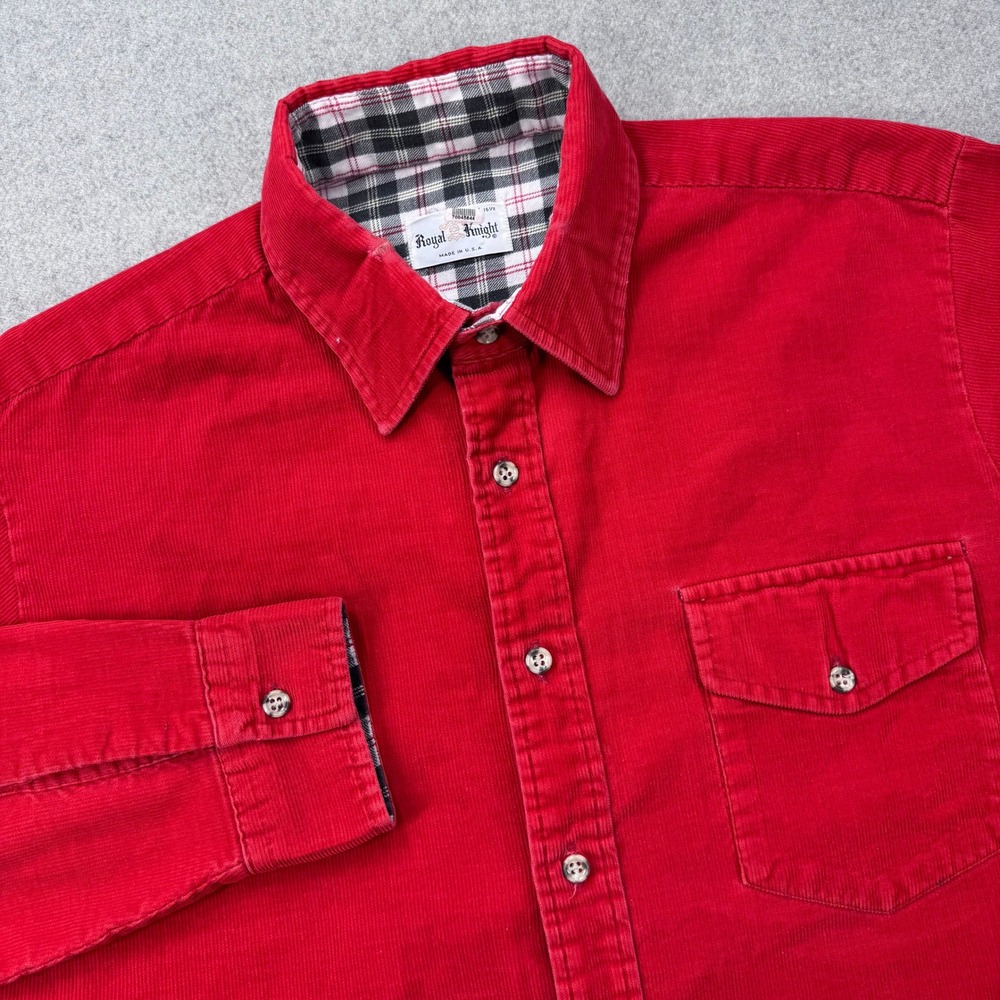 Vintage 70s Royal Knight Corduroy Shirt Mens L Red Work Pocket USA Made *FLAW‎